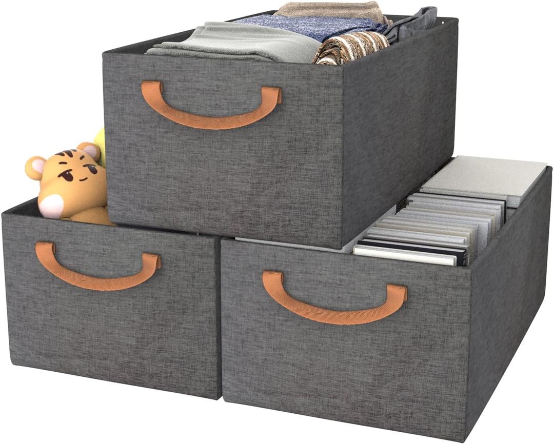 Metal Frame Storage Bins, Rectangle Storage Baskets for Closet Collapsible Fabric Storage Baskets with Handles Stackable Wardrobe Storage Boxes for Clothes Toys,Ggrey 3 Pcs