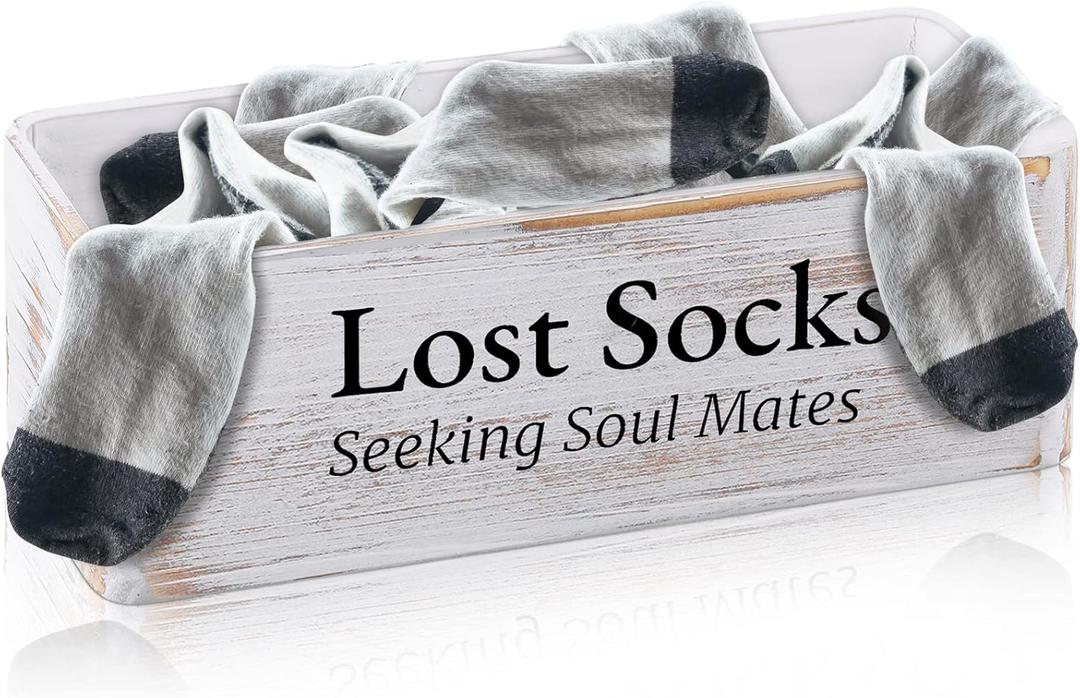Farmhouse Lost Socks Storage Funny Laundry Sign Wooden Storage Basket Laundry Room Decor (11.02 x 3.54 x 3.54 Inch)