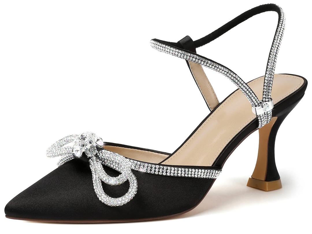 Susanny Women's Closed Toe Rhinstone Wedding Low Heel Slingback Clear Kitten Heels,Adjustable Strap Pointed Toe Bow Pumps High Heeled Prom Dress Shoes 8