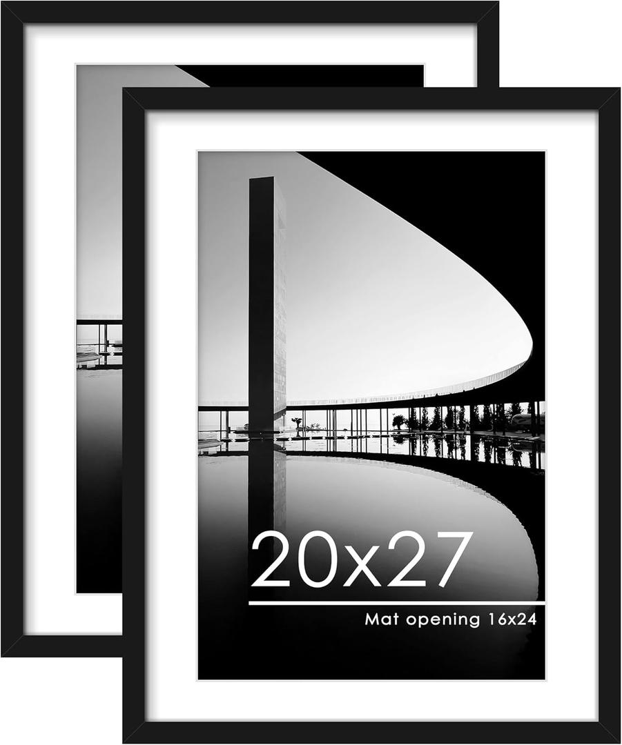 20x27 Picture Frame Set of 2, Display Pictures 16 x 24 with Mat or 20 x 27 Without Mat for Wall Mounting Display, Poster Frames, Black