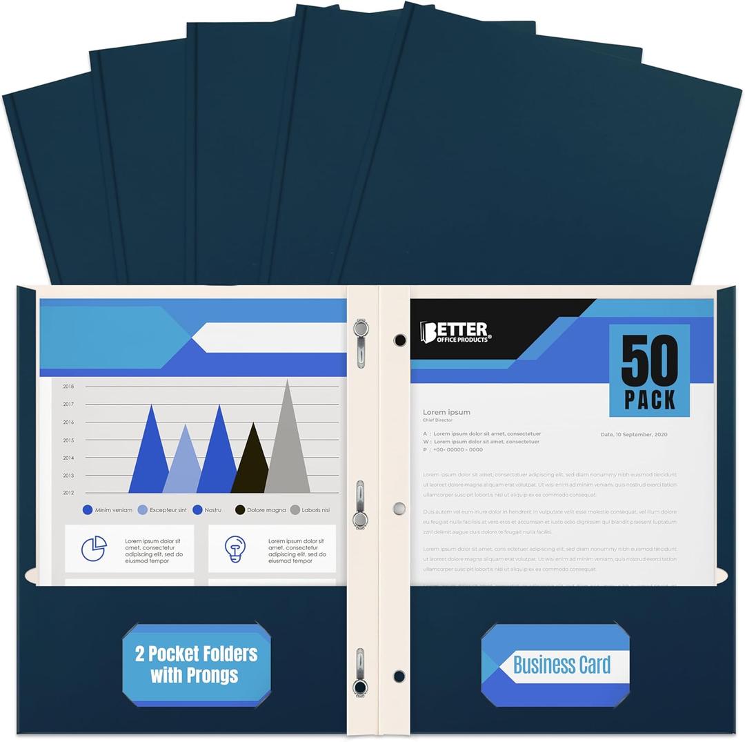 Better Office Products Navy Blue Paper 2 Pocket Folders with Prongs, 50 Pack, Matte Texture, Letter Size Paper Folders, 50 Pack, with 3 Metal Prong Fastener Clips, Dark Blue