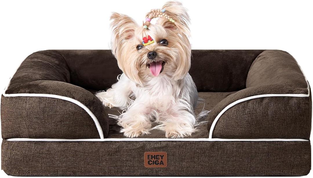 EHEYCIGA Orthopedic Dog Bed for Small Dogs, Waterproof Memory Foam Small Dog Beds with Sides, Non-Slip Bottom and Egg-Crate Foam Medium Pet Couch Bed with Washable Removable Cover, Brown (24.0"L x 18.0"W x 6"Th)