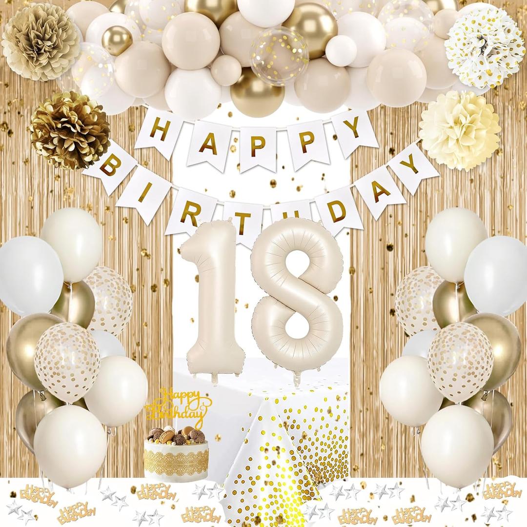 18th Birthday Decorations for Girls, Gold Happy 18th Birthday Decorations White and Gold Balloons Happy Birthday Banner Tablecloth Fringe Curtain Cake Topper Paper Pom Poms Boys Girls 18 Year Old Bday