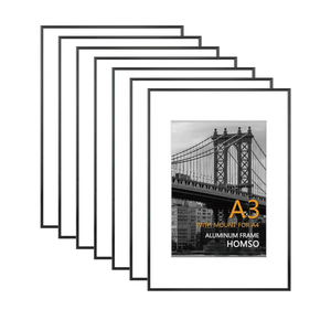 Homso A3 Picture Poster Metal Black Frame Set of 7, Display Pictures 8.3x11.7 Inch with Mat or 11.7x16.5 Inch Without Mat, Thin Edge with Acrylic Plexiglass for Wall Mounting
