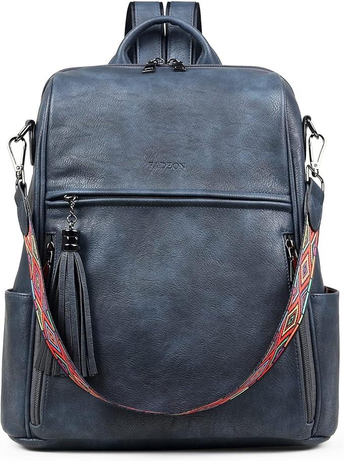 FADEON Leather Backpack Purse for Women Designer Travel Backpack Purses PU Fashion Ladies Shoulder Bag, Dark Blue With Gray