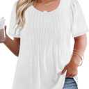 VISLILY Womens-Plus-Size-Summer-Tops Trendy Puff Short Sleeve T Shirts Cute Flowy Pleated Blouses Casual Crewneck Tunics Tee Size 2XL White