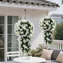 BSMYBO Bougainvillea Artificial Hanging Flowers Plants for Outdoors UV Resistant Faux Trailing Hanging Vine Outdoor Hanging Plants for Front Porch, Balcony, Patio, Outdoor Planter (White-2PCS)