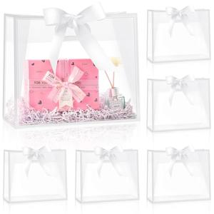 Ohuimrt 12 Pack Clear Plastic Gift Bags with Handles, Reusable Party Favor Bags with Ribbon for Wedding, Bachelorette Party, 12 x 10 x 5 Inch (White)