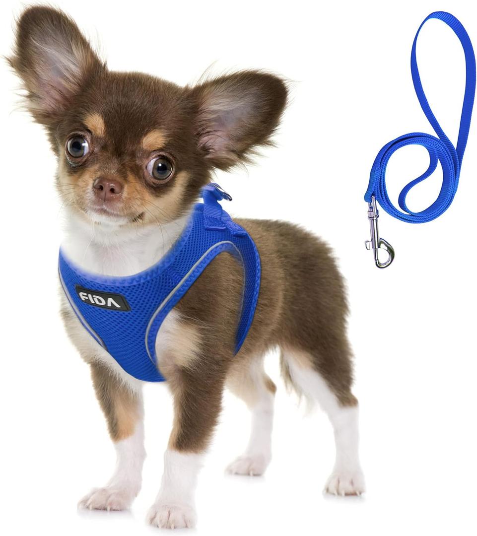 Fida Comfy Dog Harness with Leash, Soft Puppy Vest Escape Proof, Breathable Lightweight Soft Mesh, Adjustable Reflective Step-in Harness for Cat & Extra-Small Pet (XS, Blue) (XS (Neck:12.2"-13"; Girth:14.2"-16.1"))