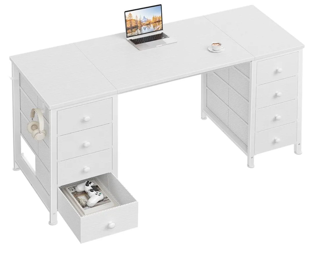 White Computer Desk with Drawers on Both Sides for Home Office, 55 inch Girls Teens Desks with Storage Writing Study Table for Bedroom, Makeup Vanity Desks Without Mirror, 8 Fabric Drawer