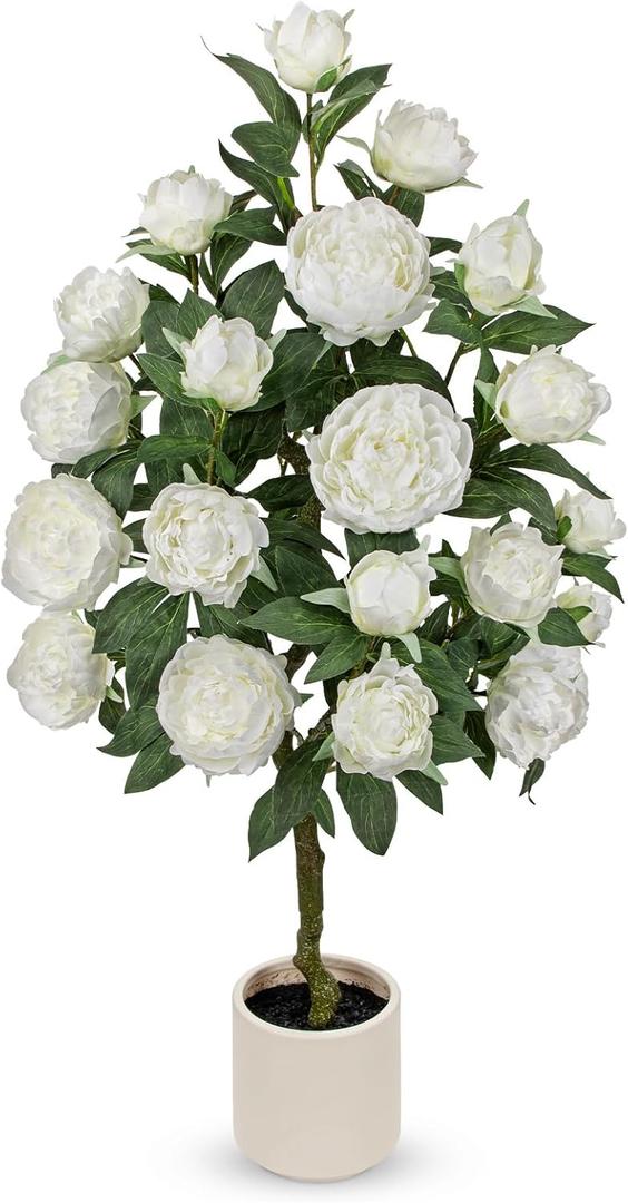 Hollyone White Fake Peonies Tree 4FT Peonies Artificial Flowers Tree in Pot Faux Peony Plants & Flowers in Planter Greenery Potted Plant Indoor Outdoor Front Door Porch Home Decor