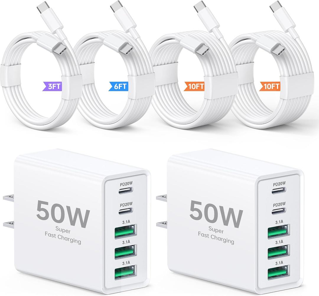 2-Pack 50W USB C Wall Charger, 5-Port PD Fast Charging Block with 3/6/10/10FT USB C Cables, Multiport Type C Power Adapter for iPhone 17/16/15/14/13 Pro Max, iPad, Switch, Samsung Galaxy S26/S25 Ultra