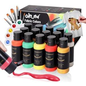 Colorful Permanent Fabric Paint, 14 Colors Soft Fabric Paint in Bottles (30ml/1oz) with Brushes, Palette, Non-Toxic Textile Paint for Creative DIY Clothes, T-Shirts, Shoes Art and Crafts