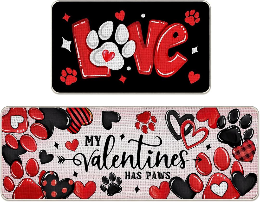Valentine's Day Paw Print Kitchen Mats for Floor, Black Heart and Paw Design Soft Mats, Washable Non Slip Decor Rugs for Kitchen Sinks Laundryroom 2pcs, Size: 16x24+16x47