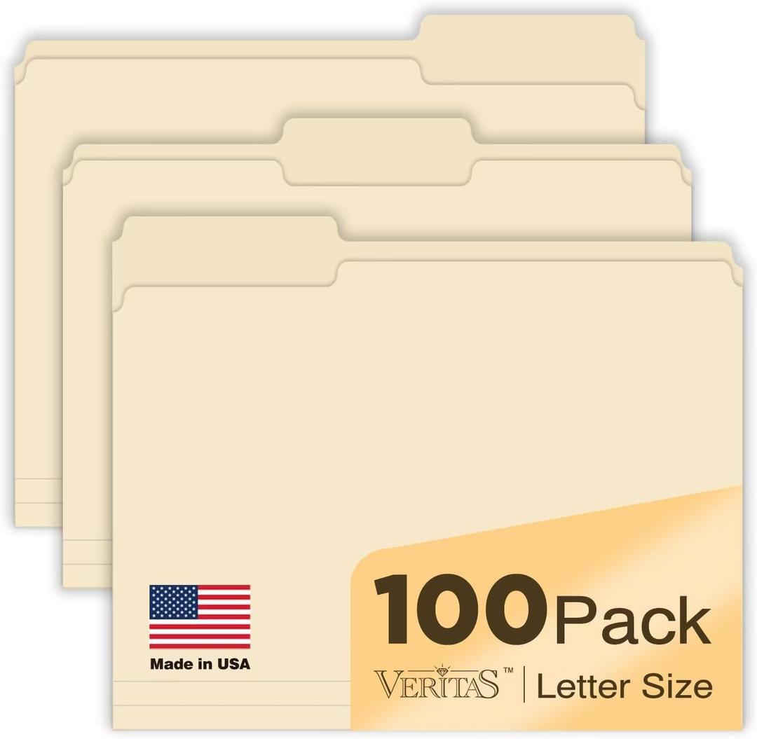 Manilla Folders 8.5 x 11 File Folders Letter Size Manila Folder with 1/3 Cut Tab 100 Pack Paper Folders for Office, School, Home, Business Filing Supplies Made in USA (Classic)