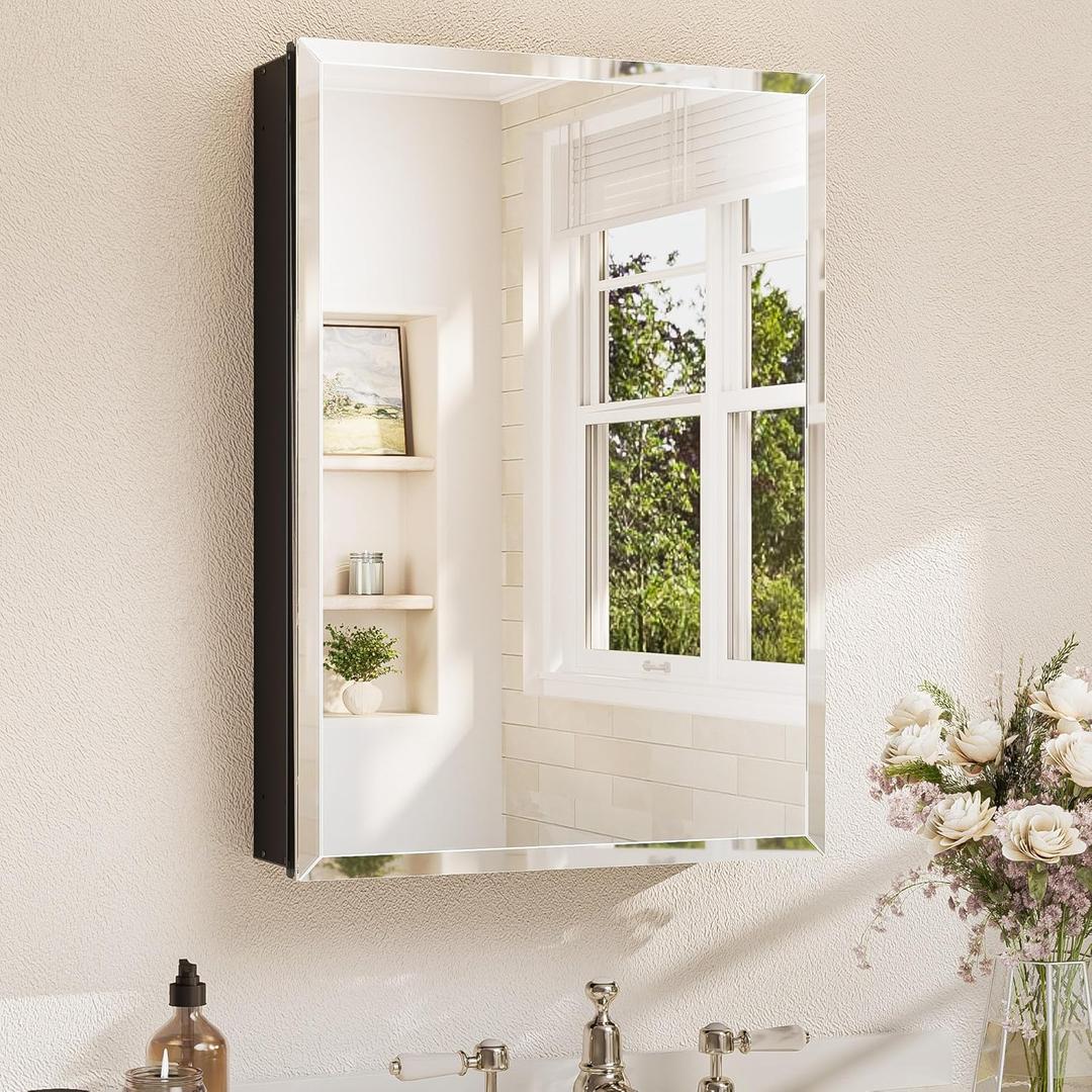 TETOTE 20 x 28 Bathroom Mirror with Storage with Tempered Beveled Mirror Black Medicine Cabinet Aluminum Cabinet DTC Hinges, Stepless Adjustable Shelves, Recessed/Surface-Mounted