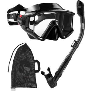 Aegend Snorkeling Gear for Adults, Dry Snorkel Set Panoramic View Enhanced Anti-Leak and Anti-Fog Technology, Adjustable Strap for Snorkeling Scuba Diving Swimming with Mesh Bag (Black)