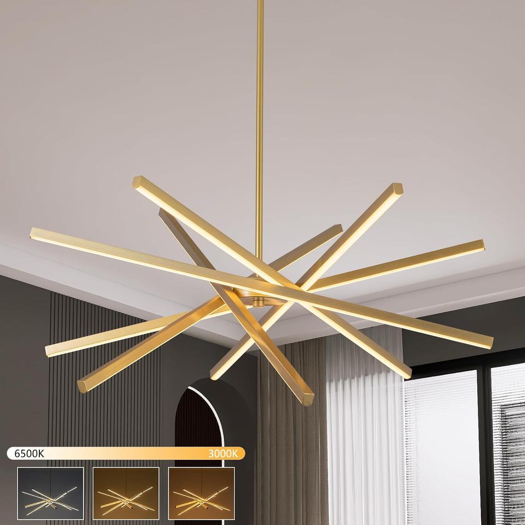 Modern Gold Chandelier Light Fixtures - LED 6-Lights Dining Room Linear Chandeliers Pendant Lights Fixture Over Table 3000K 4500K 6000K 3-Color Dimmable for Kitchen Island Living Room, 31.7inch