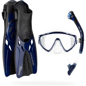 Cressi Snorkeling Set- Short Adjustable Fins, Silicone Mask, and Dry Snorkel- Compact for Travel- Tino Adventure Set- Designed in Italy (Small-Medium, Clear/Navy)