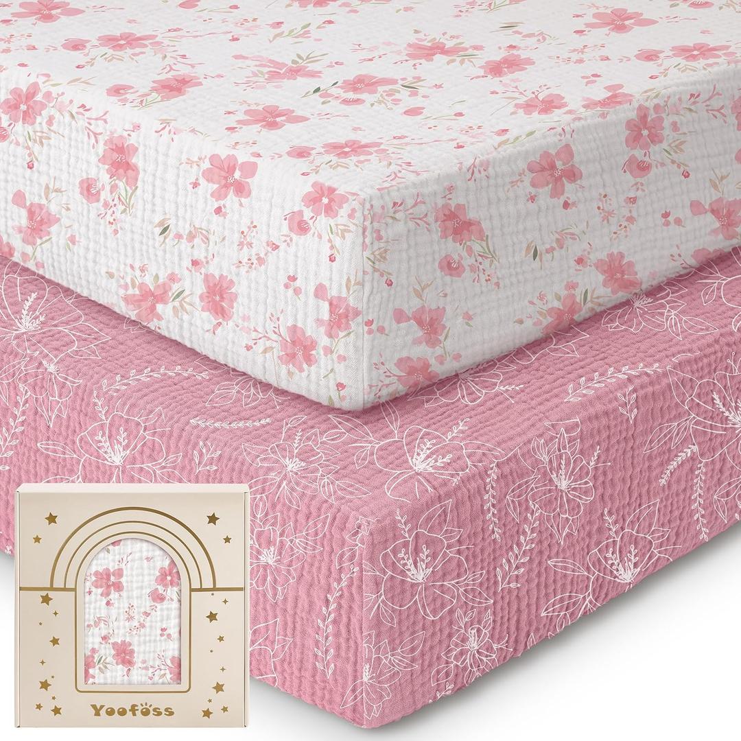 Yoofoss Muslin Pack and Play Sheets Fitted, Organic Mini Crib Sheets for Boys Girls, Playard Sheet Compatible with Pack N Play Mattress, Soft, Breathable and Durable 38"x26" (Cherry Blossom Pink)