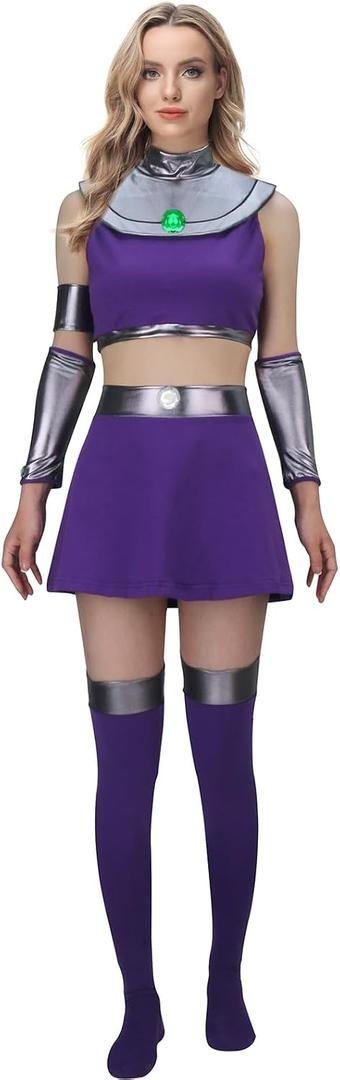 Womens Princess Koriandr Costume Halloween Cosplay Purple Top Skirt Collar with Stockings uniform Outfit (Purple, L)