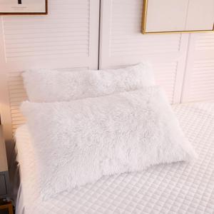 LIFEREVO 2 Pack Shaggy Plush Faux Fur Pillow Shams Velvet Reverse,20"x36" Fluffy Decorative Pillowcases with Zipper Closure for Couch,Sofa,Bed(White,King) (36" x 20" (Pack of 2))