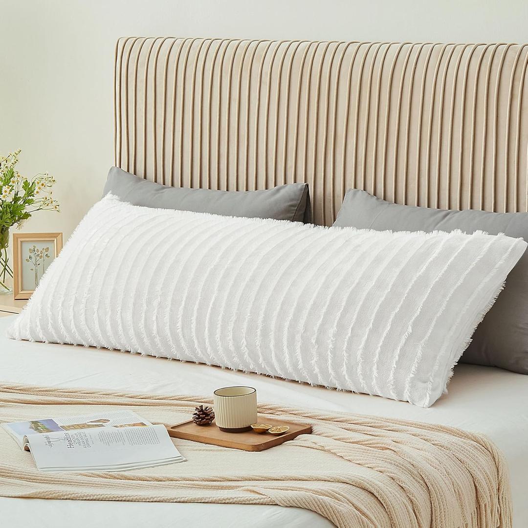 BEDELITE Body Pillow Cover with Zipper Closure, Decorative Boho Fleece Pillowcase 20 x 54 Inches, Luxury Fluffy Plush Long Body Pillow Pillowcase for All Seasons(Bright White-Boho)