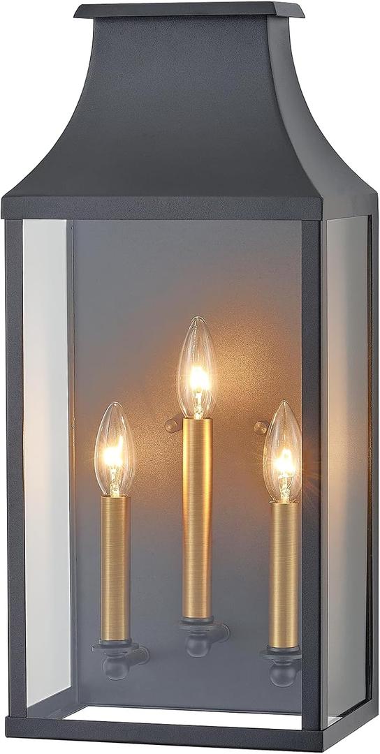 21"Large Classic Outdoor Wall Lantern Light For House Exterior,Handcrafted Satin Black Metal Cage Mounted Pocket Wall Sconce W/Clear Tempered Glass,Waterproof for Porch, Patio, Garage&Front Door E12