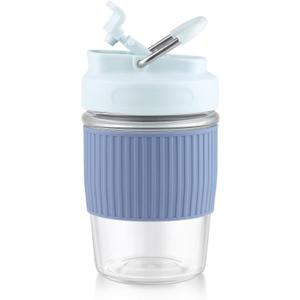 Sivaphe Reusable Glass Ice Hot Coffee Cup 12 oz, Portable Travel Mug with Spill-Proof Lid and Thermal Sleeve for Home Office Blue