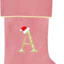 Subyan 20 Inches Initial Monogram Pink Christmas Stocking, Personalized Large Embroidered Letter Velvet Christmas Stocking with Gold Trim Decoration for Family Christmas Holiday Party Decor(Letter A)