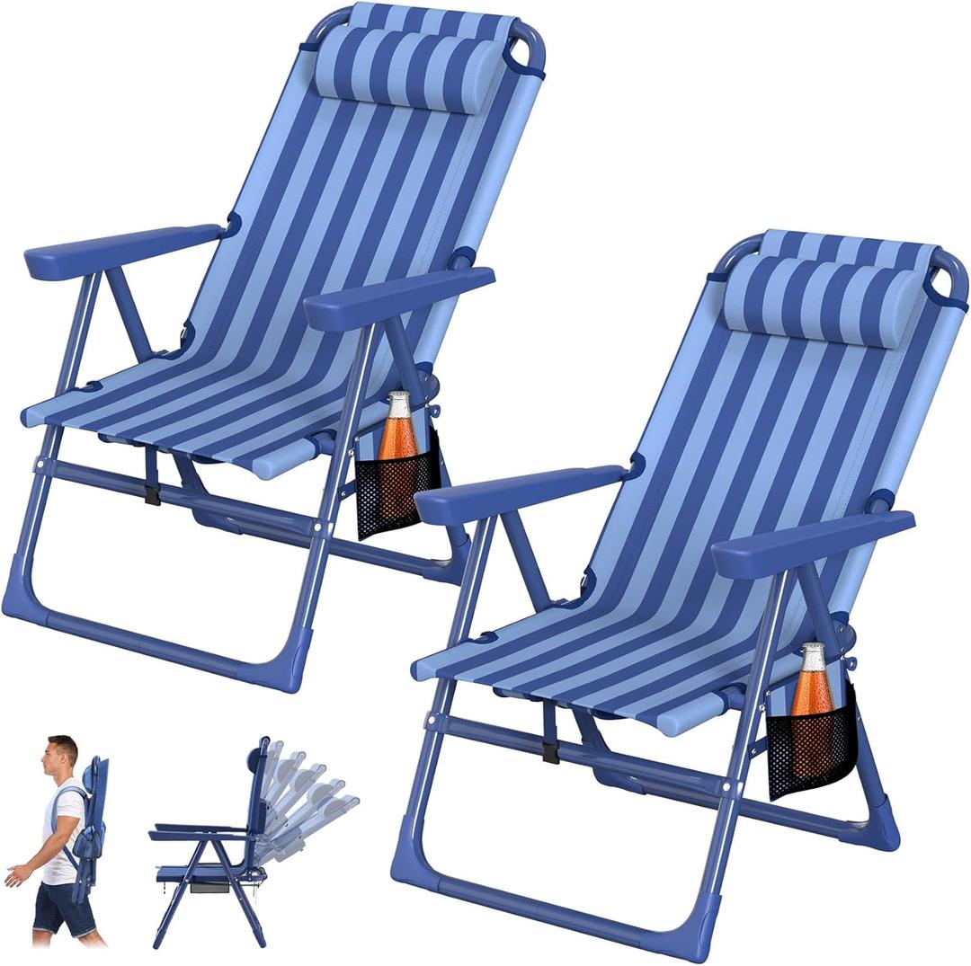 Suteck Beach Chairs for Adults 2 Pack, 6-Position Reclining Backpack Chairs | Lightweight Folding Tall Beach Chairs with Backpack Straps, Cooler Bag, Cup Holder, for beach, camping and outdoor use