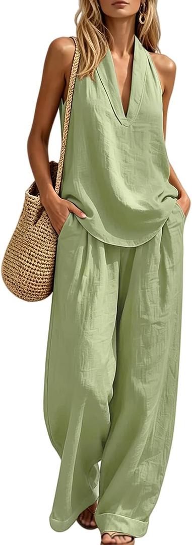 Womens Boho Linen 2 Piece Sets Summer Sleeveless Halter V Neck Tank Top Wide Leg Pants Matching Lounge Outfits 2026 (Green, XXL)