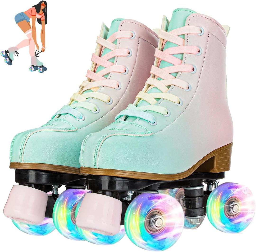 Roller Skates for Girls & Women, PU Leather Kids Light Up, Fantasy High-Top Adjustable Four Wheel Beginner Roller Skates, Ages 8-12, Indoor/Outdoor (Women's 3.5/Youth 3)