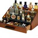 Cologne Organizer for Men - 3-Tier Wooden Perfume Shelf Stand with Drawer, Perfume Display & Storage Tray for Dresser, Black & Brown, 11"x4.7"x7.9"