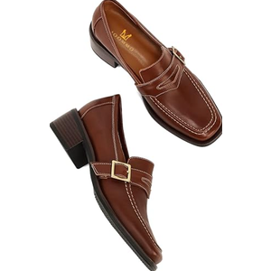 en Classic Penny Loafers Closed Square Toe Patent Low Heel Loafers Slip On Metal Buckle 2" Chunky Heel Comfy Office Ladies Classic Dress Loafer Shoes, Matte Brown, Size 7 M US