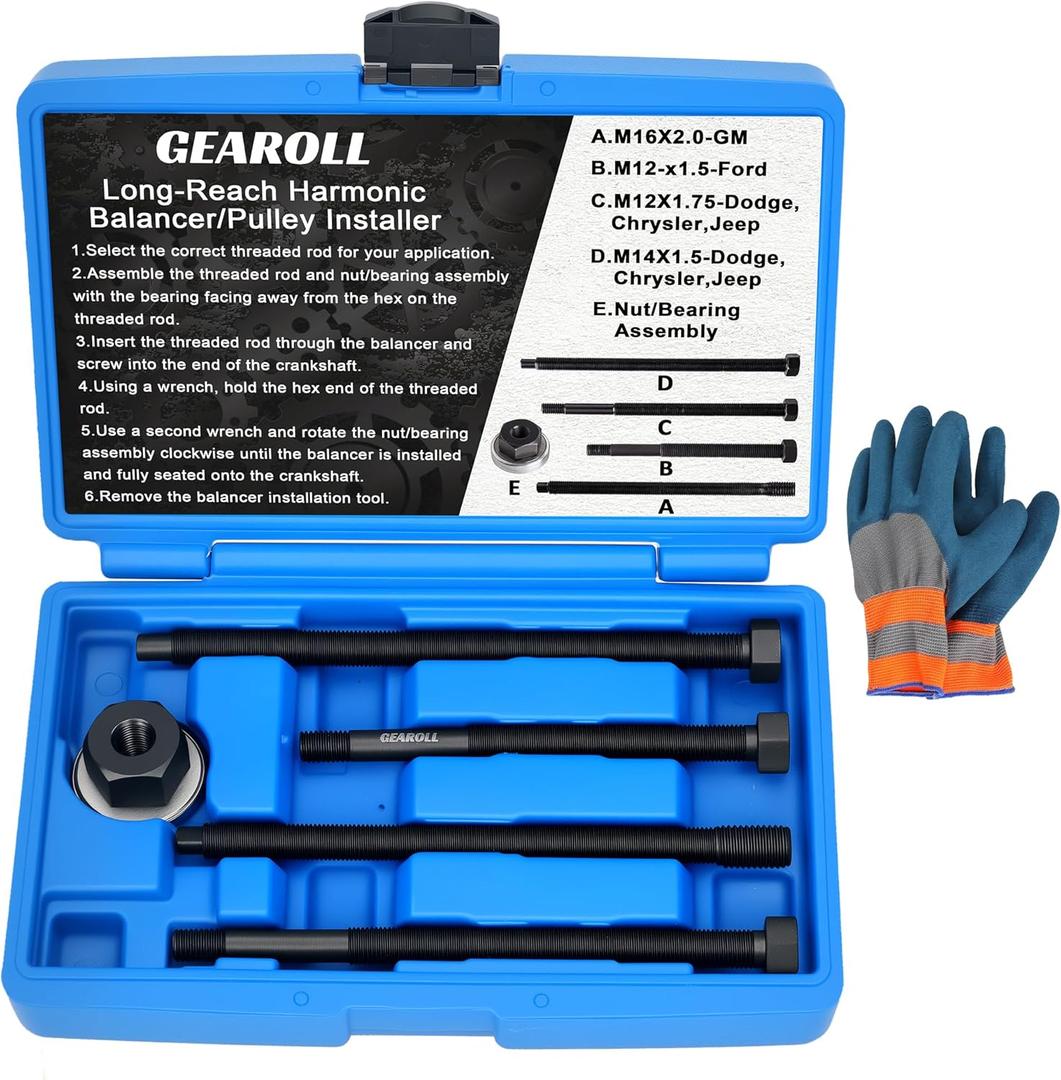 5 Pcs Harmonic Balancer Installer Tool Set, Long Reach Crank Pulley Underdrive Damper Puller Installation Tool Kit, Compatible with Ford, GM, Dodge and Chrysler V8 and V6 Engines