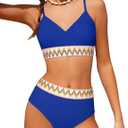 DONWEN Girls Swimsuits V Neck Bikini Set Textured High Waist Girl Two Piece Bathing Suit (11-12 Years, Blue)