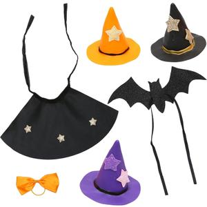 Halloween Wine Bottle Covers 6-Piece Set: Mini Witch Hats Orange Bow Tie, Cape, Bat Wings - Witch Hat Mini for Crafts, Halloween Alcohol Accessories, Wine Bottle Toppers, Party Decor