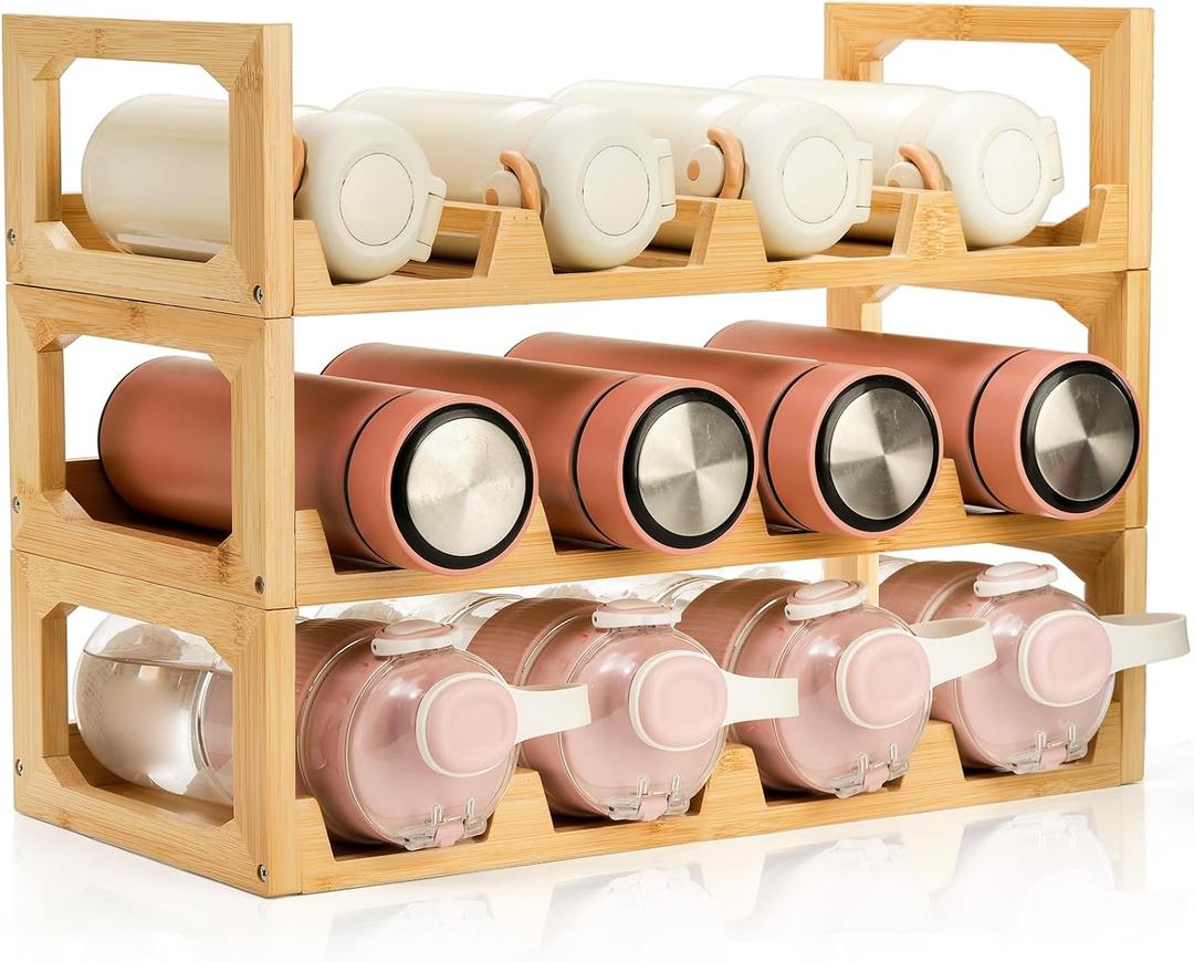 3 Tier Bamboo Water Bottle Organizer, Stackable Bottle Storage Rack, Tumbler Shelf Organizer, Wine Bottle Holder, Drinking Cup Display Rack for Cabinet Kitchen Cupboard, Hold 12 Bottles