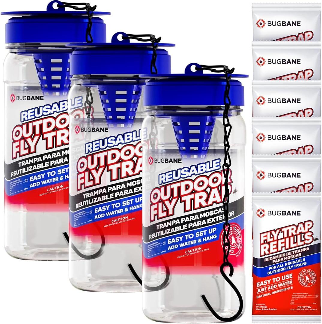 3 Fly Traps Outdoor Fly Trap for Patio with 6 Non-Toxic Dissolvable Bait Refills. Reusable Hanging Bug Catcher Killer for All Filth Flies for Outside Bug Control Yard Ranch. Hanging Chains Included.