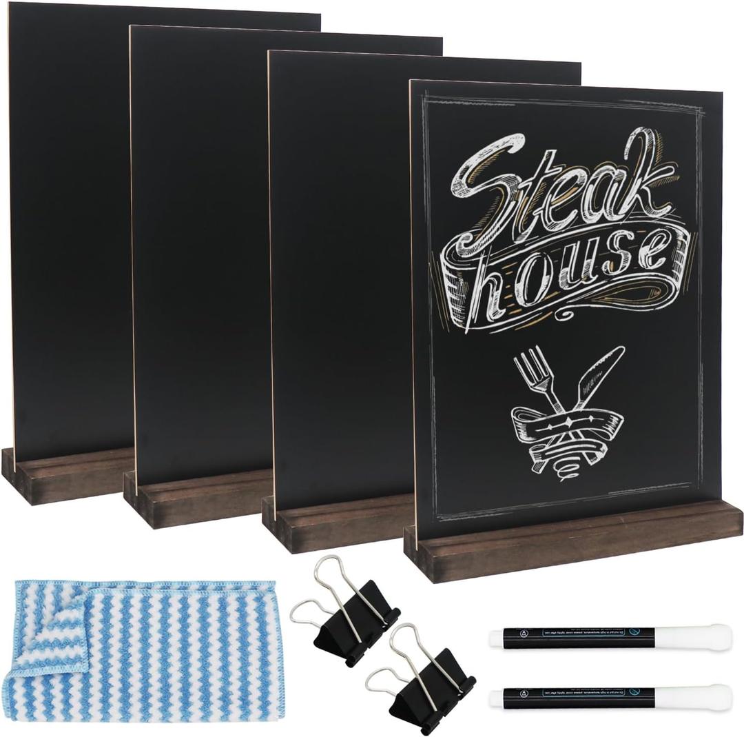 GUKBIAY Tabletop Chalkboard Sign with Base Stand 4 Pack 8.5 x 11 Inch Double Side Standing Menu Boards Food Signs for Party Buffet Wedding Bar Restaurant Food
