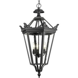 Emliviar 32 Inch Outdoor Front Door Hanging Light, Farmhouse Exterior Pendant Lantern Waterproof Ceiling Mount with Seeded Glass, Black Finish, XE283H BK
