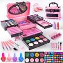GORISPI Kids Makeup Sets for Girls, 66pcs Real Cosmetic for Kids Toys with Mirror, Princess Washable Girls Makeup Kit, Non-Toxic & Safe Birthday Gifts for 3 4 5 6 7 8 10 - 12 Years OldPink Black