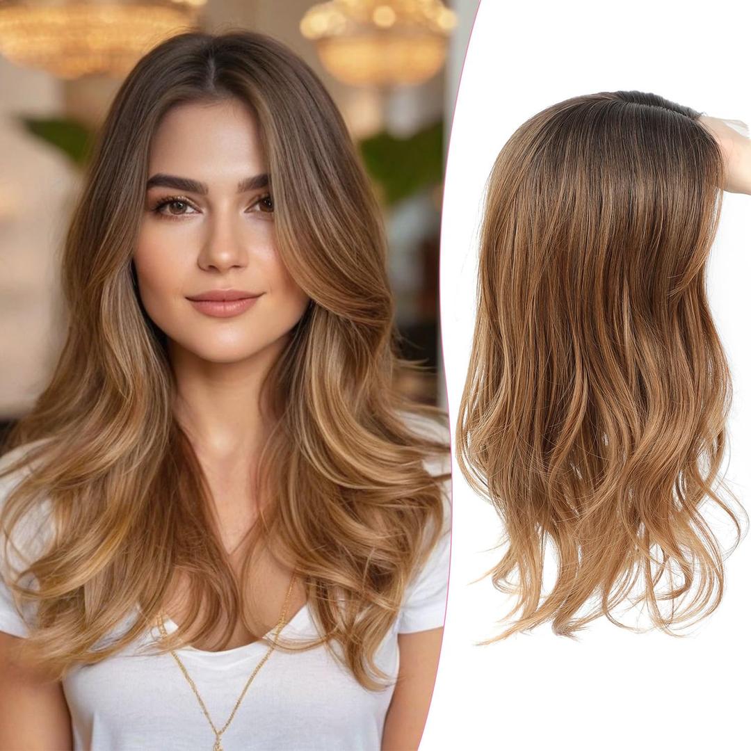 PANEWAY 18 Inch Body Wavy Hair Toppers for Women Clip In Hair Topper for Thinning Hair Natural Scalp Look, Lightweight & Comfortable for All-Day Wear - Dark Brown Root to Caramel Blonde, 18inch