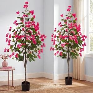 Daifunli 2 Pcs 5 FT Artificial Bougainvillea Trees Fake Bougainvillea Flowers Tree in Pot Tall Lifelike Faux Blooming Tree Large Fake Plants for Outdoor Indoor Office Home Garden Decor (Rose Red)