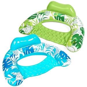 SLOOSH Inflatable Pool Floats Adult, 2 Pack Pool Chairs with Cup Holders, Blow up Floats Chair, Hammock Noodle Mat Leaves Design for Relaxing Summer Water Fun Swimming Party Beach, Blue, Green