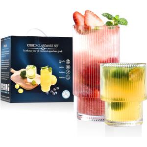 Ribbed Glassware Set of 12, Glass Cups 12 oz and 7 oz, Fluted Glassware, Stackable Glasses, Cups for Kitchen, Gift Box Set