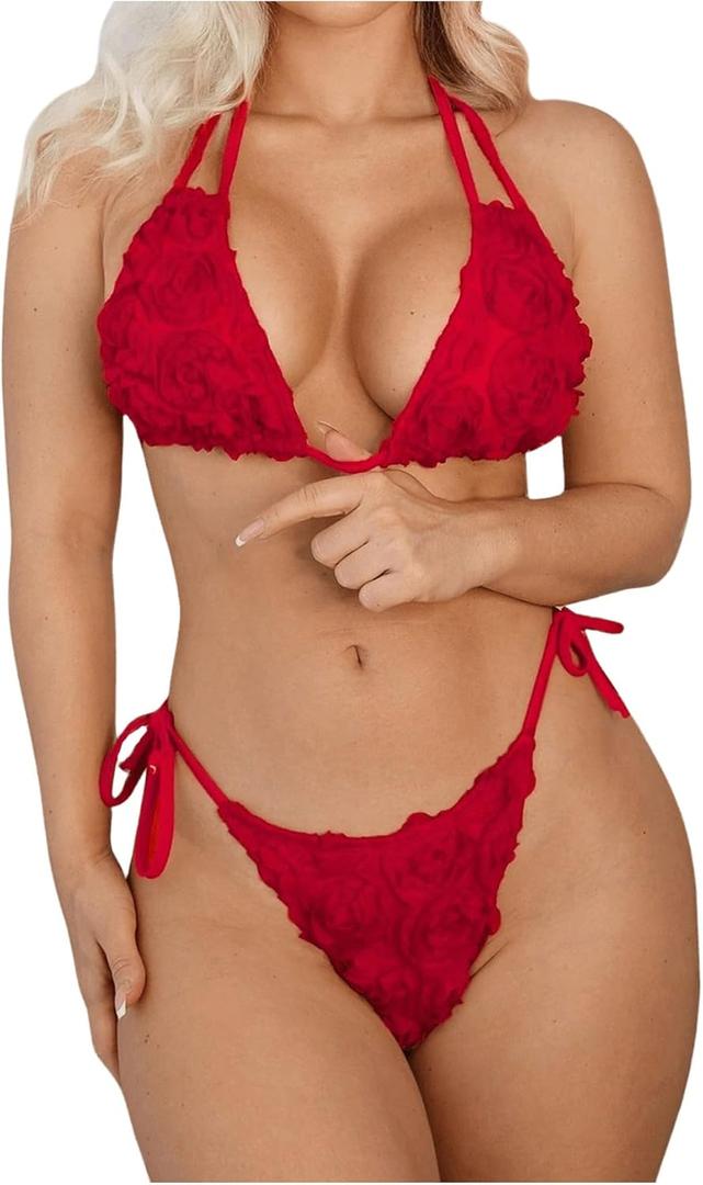 SweatyRocks Women's 3D Floral Halter String Bikini Set Cut Out Backless 2 Piece Swimsuit (Red) S SweatyRocks Women's 3D Floral Halter String Bikini Set Cut Out Backless 2 Piece Swimsuit (Red) S