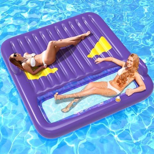 Inflatable Tanning Pool Lounger Float,Lake Floats for Adults - 71" X 71" Large Pool Floats with Headrest and Cup Holder Sunbathing Pool Lounge Raft Floatie Toys Water Filled Bed Mat Pad﻿