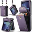 ASAPDOS Crossbody Case Compatible with Samsung Galaxy Z Flip 7, Retro PU Leather Strap Wristlet Flip Case with Magnetic Closure and Card Holder for Men Women Purple